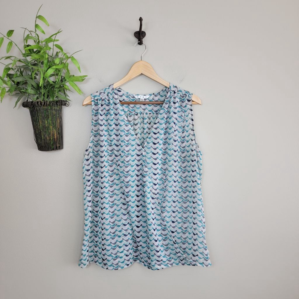 Cabi #342 Tweet Bird Sheer Wrap V Neck Blouse Teal Gray Sleeveless Top Shirt L